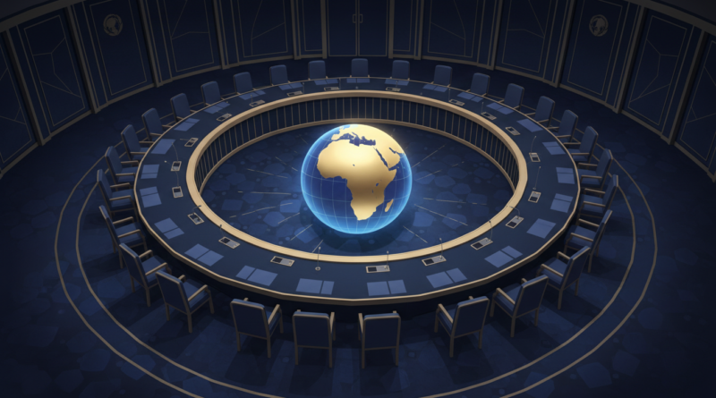 Illustration d'une salle de conseil diplomatique en fer à cheval avec un globe mettant l'Afrique en lumière
