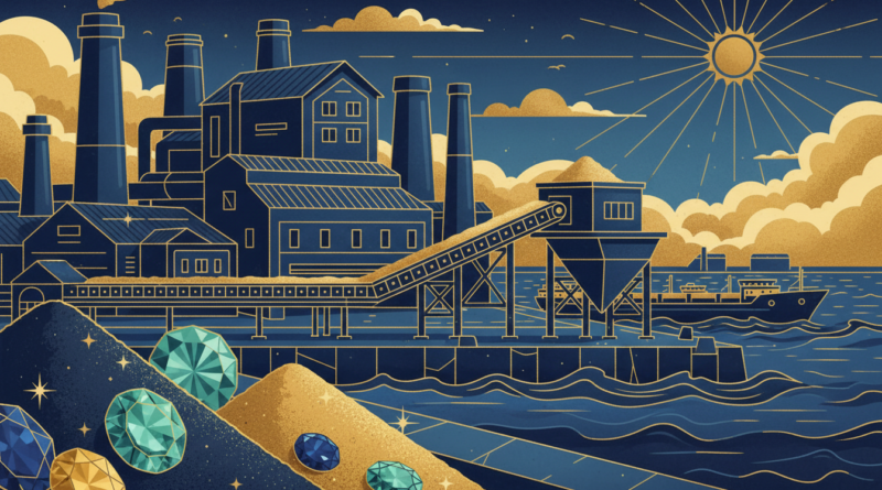 Illustration d'une usine de transformation de minerais près d'un port, avec graphite, sable et pierres précieuses