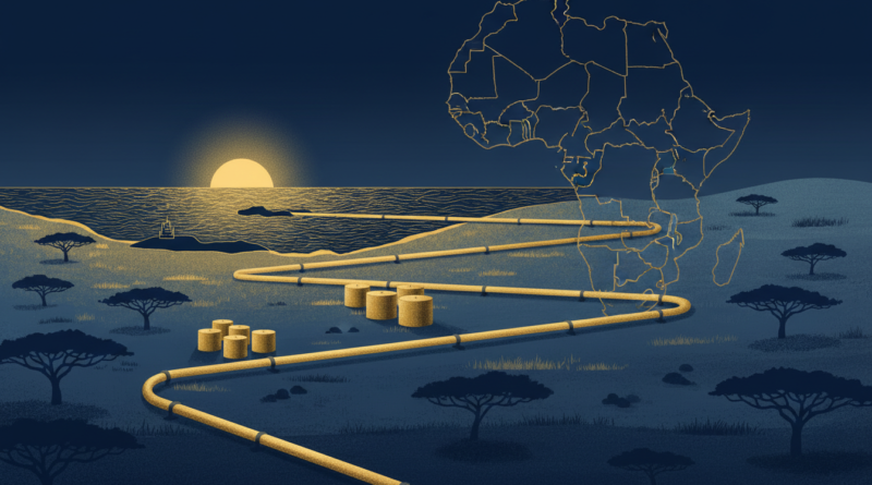 Illustration d'un oléoduc traversant la savane depuis un port vers l'intérieur de l'Afrique de l'Est
