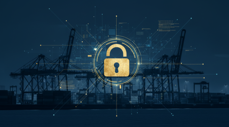 Illustration d'un terminal à conteneurs la nuit avec un cadenas numérique, symbole de la cybersécurité portuaire
