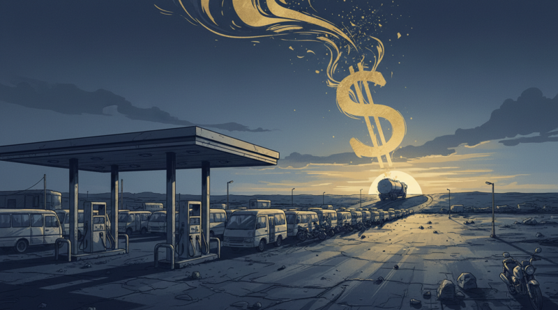 Illustration d'une station-service à sec avec une longue file de minibus, évoquant la pénurie de carburant au Malawi