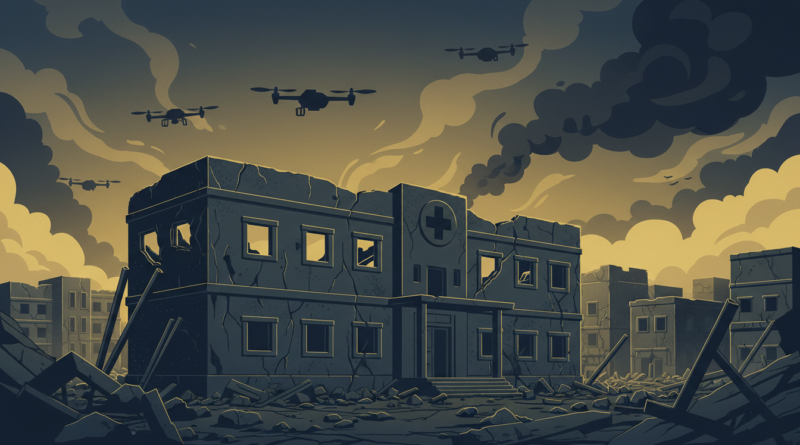 Illustration d'un hôpital détruit dans une ville du Darfour, survolé par des drones