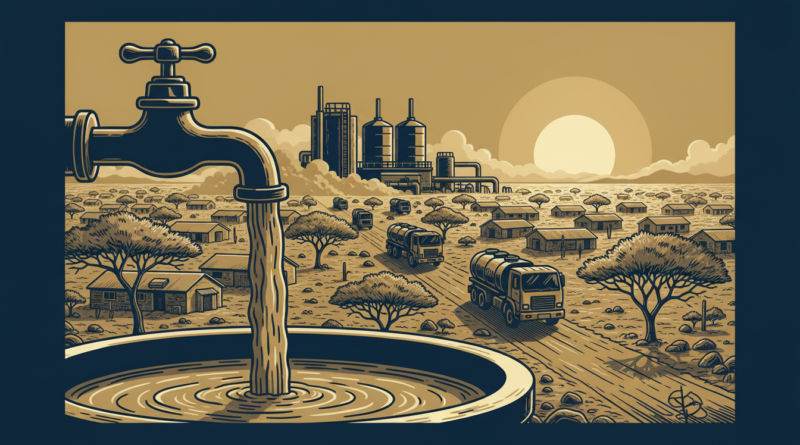 Illustration d'un robinet d'eau trouble devant une station de traitement et des camions-citernes