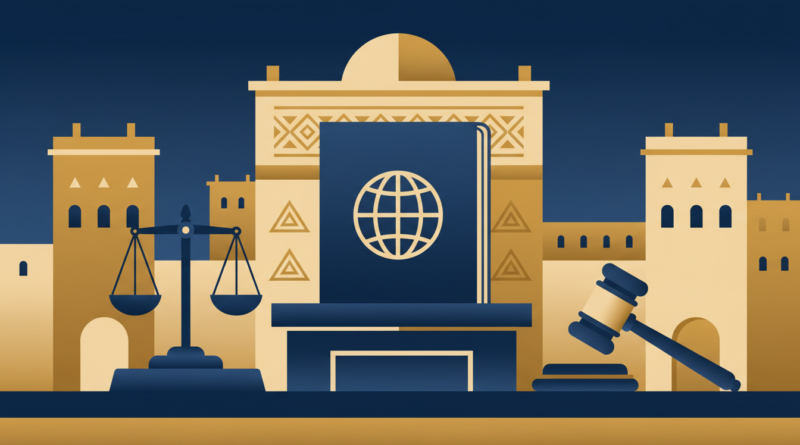 Illustration d'un passeport, d'une balance de la justice et d'un hémicycle évoquant la loi sur la nationalité