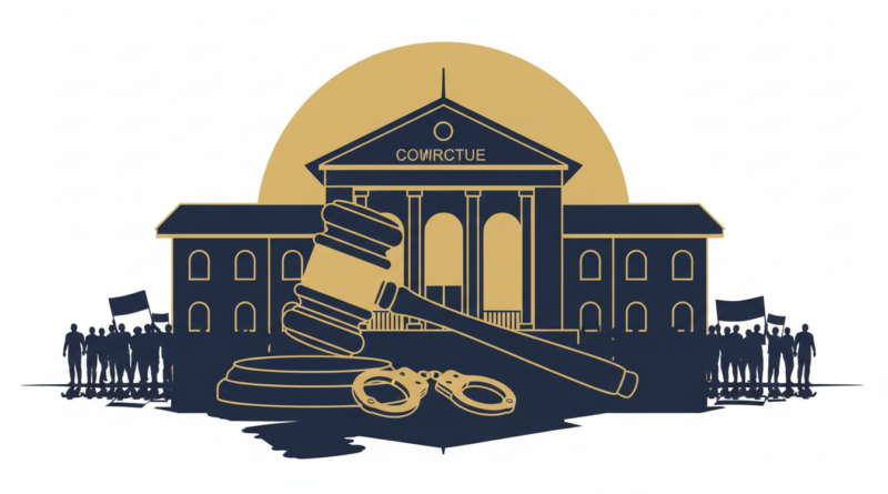 Illustration d'un tribunal avec un marteau de juge et des menottes, évoquant un procès politique