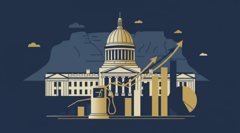 Illustration d'un parlement au pied d'une montagne, d'une pompe à carburant et de graphiques budgétaires