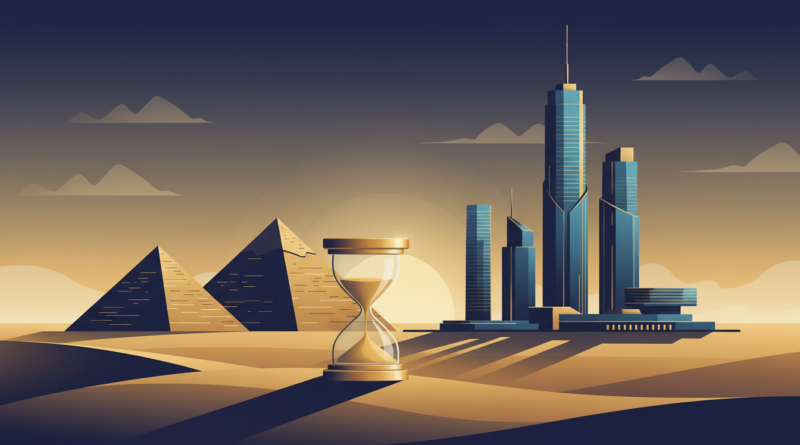 Illustration des pyramides et d'une capitale moderne avec un sablier doré symbolisant l'échéance de 2030