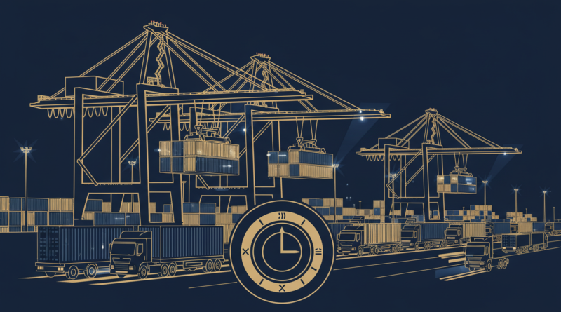 Illustration d'un port à conteneurs illuminé de nuit avec des camions et des grues en activité