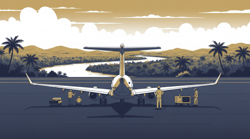 Illustration d'un avion de ligne au sol sur le tarmac d'un aéroport près du fleuve Congo