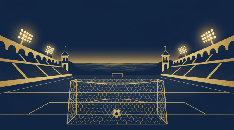 Illustration d'un ballon de football posé au point de penalty dans un stade illuminé