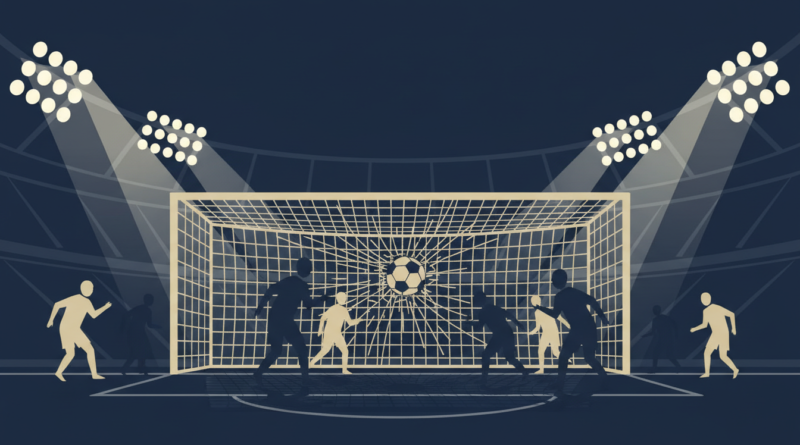 Illustration d'un ballon au fond des filets dans un stade européen sous les projecteurs