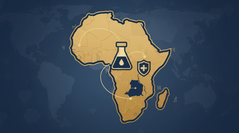 Illustration d'une carte de l'Afrique reliant plusieurs pays, avec une fiole de vaccin et un bouclier médical