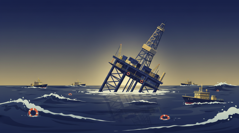 Illustration d'une plateforme de forage en mer qui s'enfonce dans l'océan, entourée de navires de secours