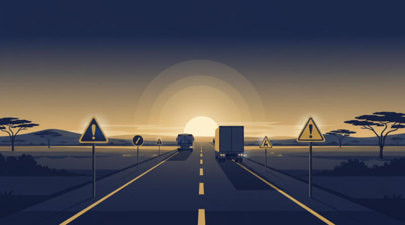 Illustration d'une autoroute traversant la savane avec un autocar et un camion, évoquant la sécurité routière au Kenya
