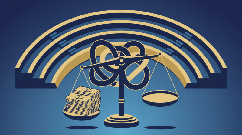 Illustration d'un hémicycle parlementaire avec une balance et des documents budgétaires