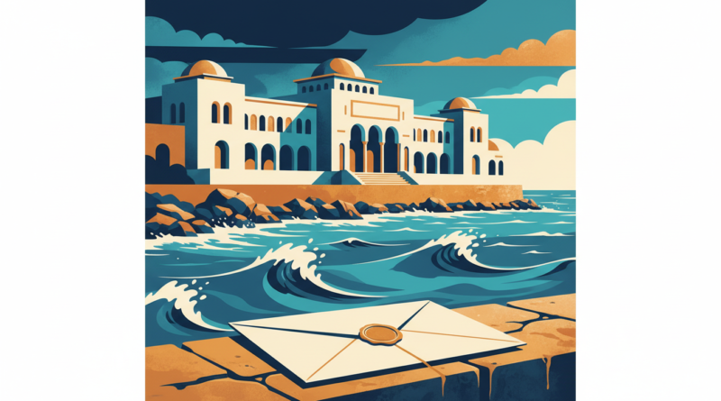 Illustration d'un bâtiment diplomatique au bord de la Méditerranée et d'une note officielle scellée