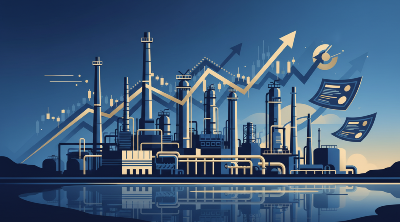 Illustration d'une grande raffinerie pétrolière avec des graphiques boursiers, évoquant une introduction en Bourse