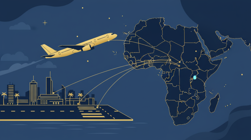 Illustration d'un avion de ligne et d'une carte de l'Afrique avec des routes aériennes reliant le Maghreb à l'Afrique subsaharienne