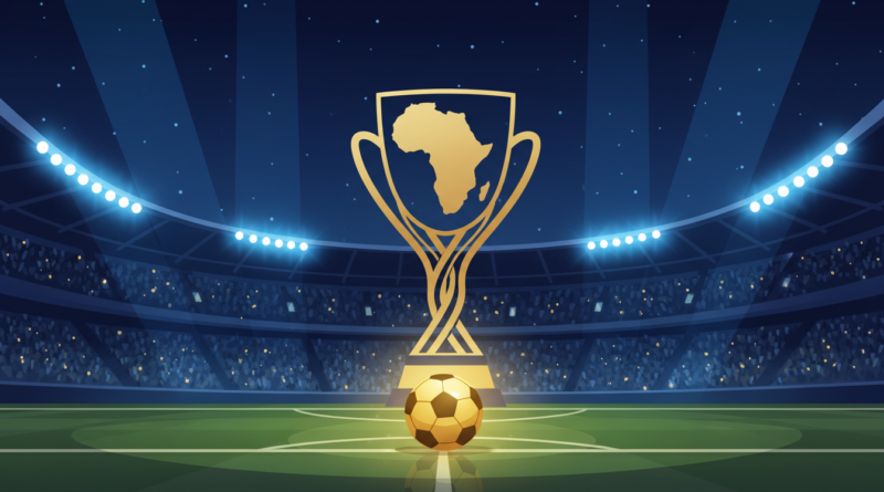 Illustration d'un stade de football illuminé avec un ballon doré et un trophée, évoquant la Ligue des champions africaine