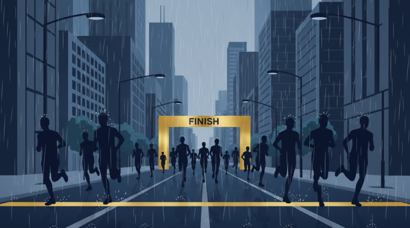 Illustration de marathoniens courant sous la pluie vers une ligne d'arrivée dans une ville européenne