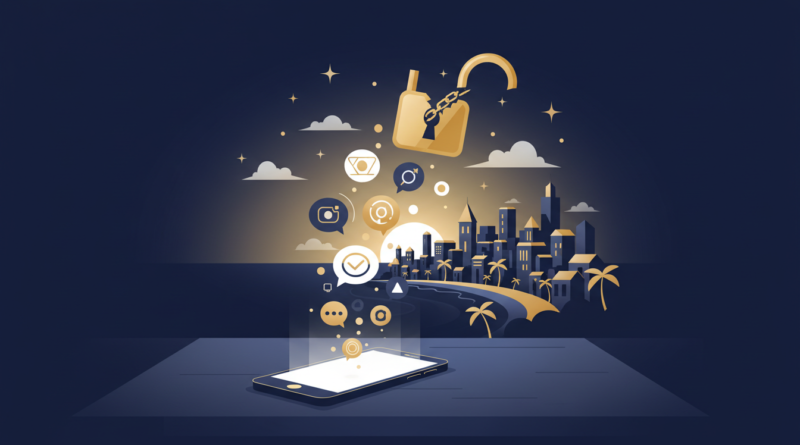 Illustration d'un smartphone qui se rallume et de bulles de discussion s'envolant, symbolisant le retour des réseaux sociaux