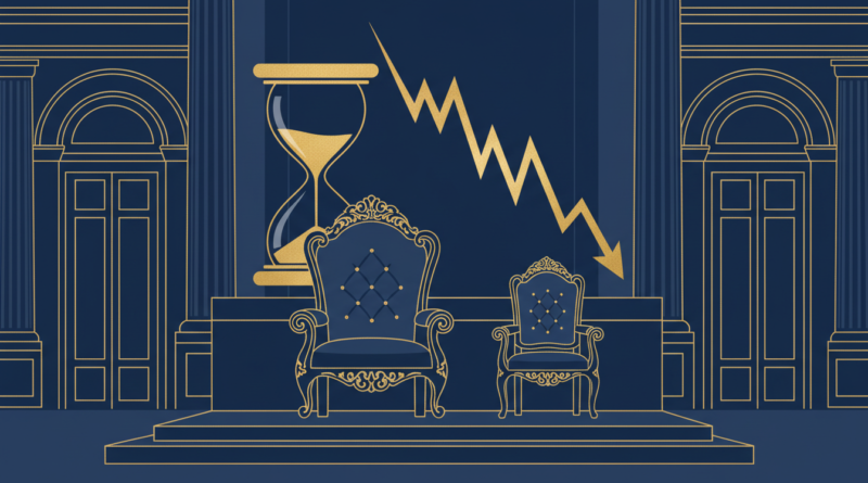 Illustration d'un fauteuil présidentiel et d'un siège vacant avec un sablier, évoquant l'incertitude de la succession
