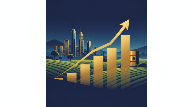 Illustration d'un graphique de croissance sur fond de ville est-africaine, de champs de thé et d'un baril de pétrole