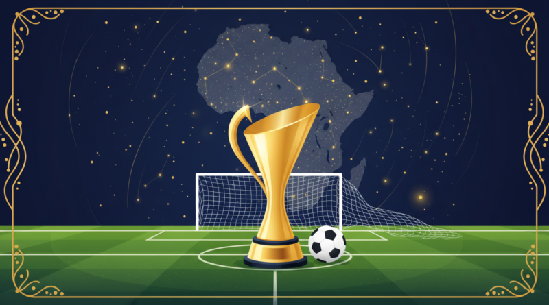 Illustration d'un trophée doré sur une pelouse de football avec la carte de l'Afrique en filigrane