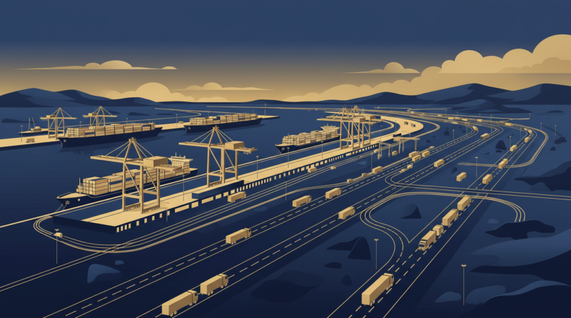 Illustration d'un port africain avec porte-conteneurs, grues et camions reliés à des routes et voies ferrées