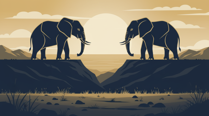 Illustration symbolique de deux éléphants s'affrontant sur les hauts plateaux, la mer Rouge à l'horizon