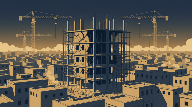 Illustration d'un immeuble en construction fissuré dans une ville africaine dense, symbolisant les effondrements d'immeubles