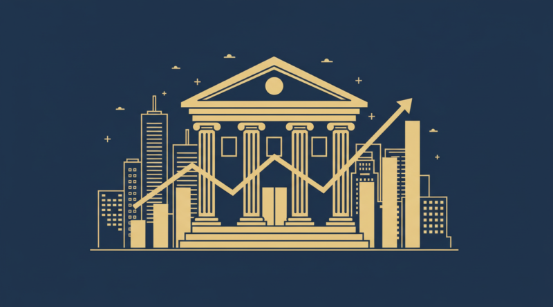 Illustration d'une banque d'affaires et de la skyline de Lagos, symbolisant l'arrivée de JPMorgan au Nigeria