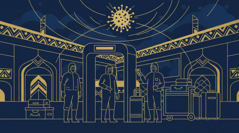 Illustration d'un point de contrôle sanitaire dans un aéroport avec un virus stylisé