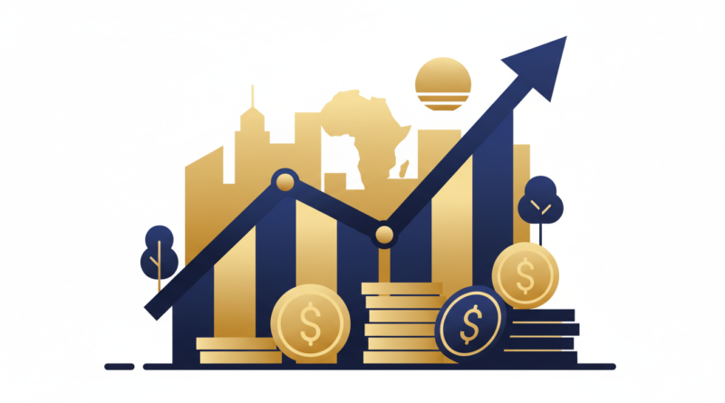 Illustration économique, graphiques et pièces devant une ville africaine