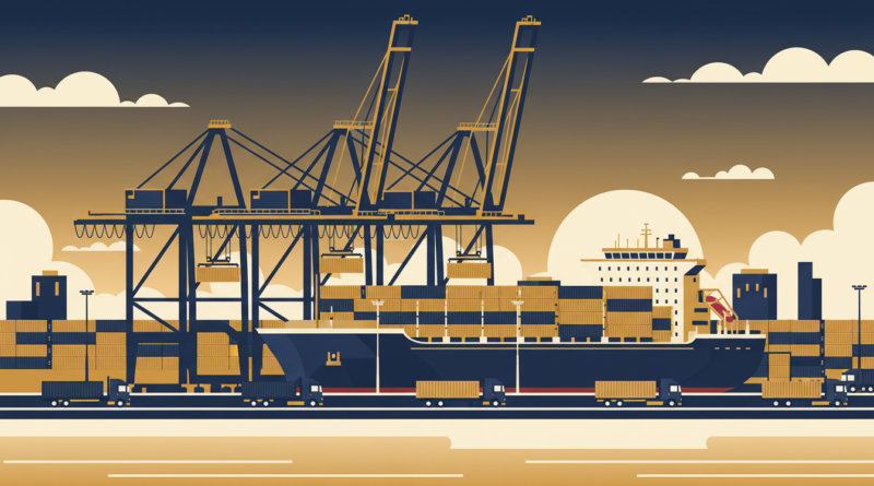 Illustration logistique, port à conteneurs avec grues et navire