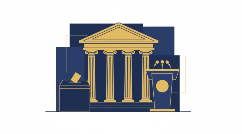 Illustration politique, parlement, urne et pupitre