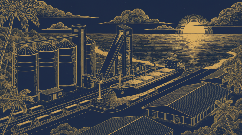 Illustration éditoriale d'un terminal céréalier avec silos au bord d'un port en eau profonde