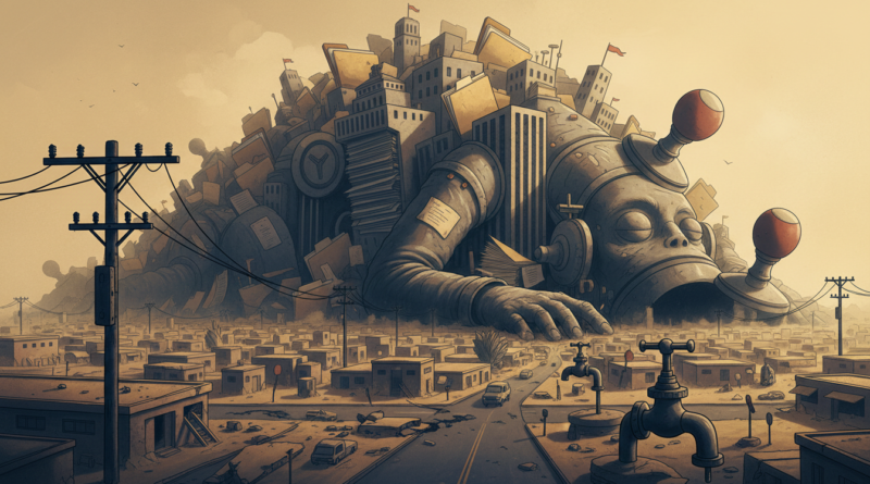 Illustration d'un monstre administratif massif et assoupi au-dessus d'une ville africaine aux chantiers inachevés