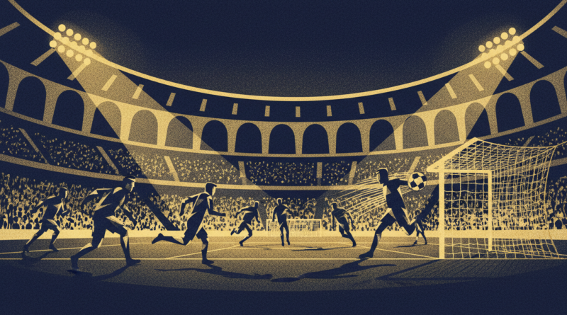 Illustration éditoriale d'un stade européen illuminé de nuit avec un ballon au fond des filets