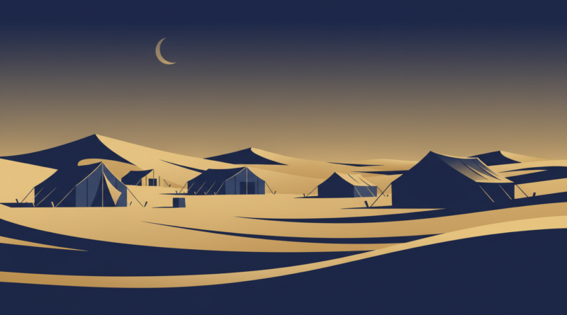 Illustration d'un campement désert dans le Sahel au crépuscule, évoquant le drame de Ménaka au Mali