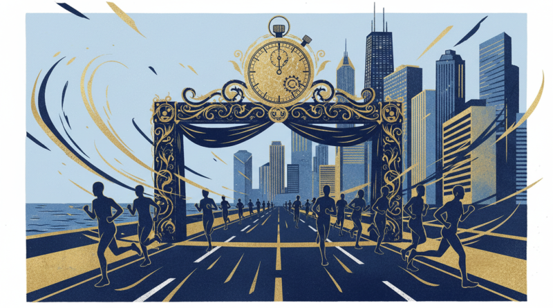 Illustration éditoriale de coureurs de marathon stylisés le long d'une avenue bordée de gratte-ciel