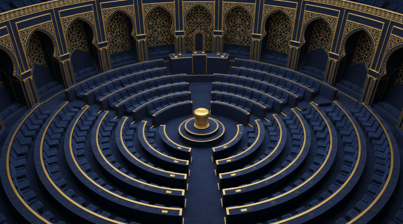 Illustration éditoriale d'un hémicycle parlementaire aux arches d'inspiration marocaine avec une urne au centre