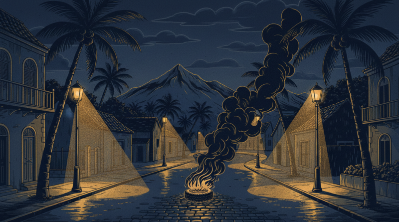 Illustration éditoriale d'une ville insulaire tropicale déserte la nuit sous couvre-feu