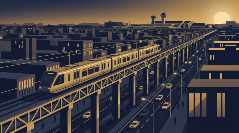 Illustration d'un train urbain électrique sur un viaduc traversant une grande ville africaine