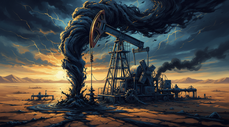 Illustration d'un puits de pétrole en plein désert projetant du brut et du gaz, en tons bleu marine et or