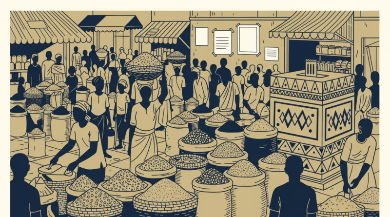 Illustration d'un marché africain avec une urne en arrière-plan, symbolisant la campagne électorale et la vie chère au Nigeria