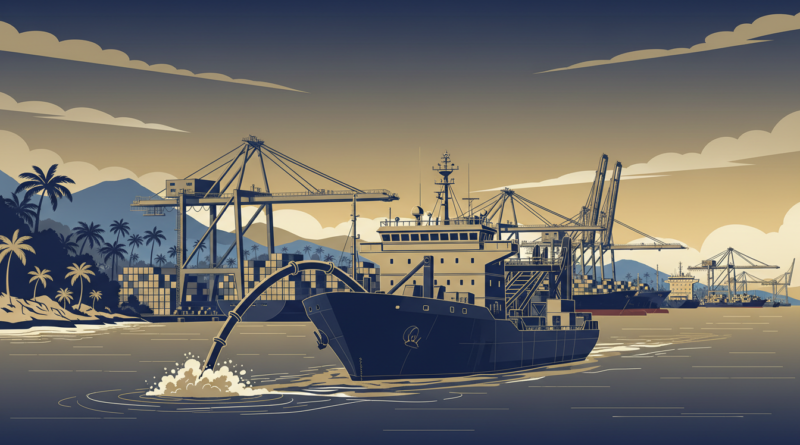 Illustration d'une drague creusant le chenal d'accès d'un port, avec porte-conteneurs et grues en arrière-plan