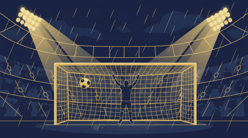 Illustration d'un ballon au fond des filets dans un stade anglais, évoquant le doublé de Nicolas Jackson