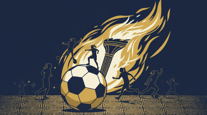 Illustration éditoriale d'un ballon de football féminin sur une pelouse, avec une flamme stylisée en arrière-plan