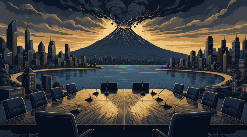 Illustration d'une ville au pied d'un volcan et d'une table de conférence vide, en tons bleu marine et or